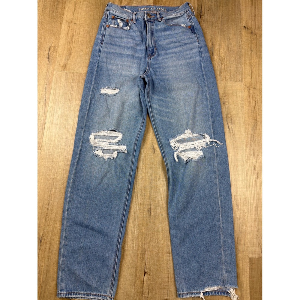 American Eagle Baggy Jean Womens 4‎ Light Wash Distressed High Rise Ripped Denim